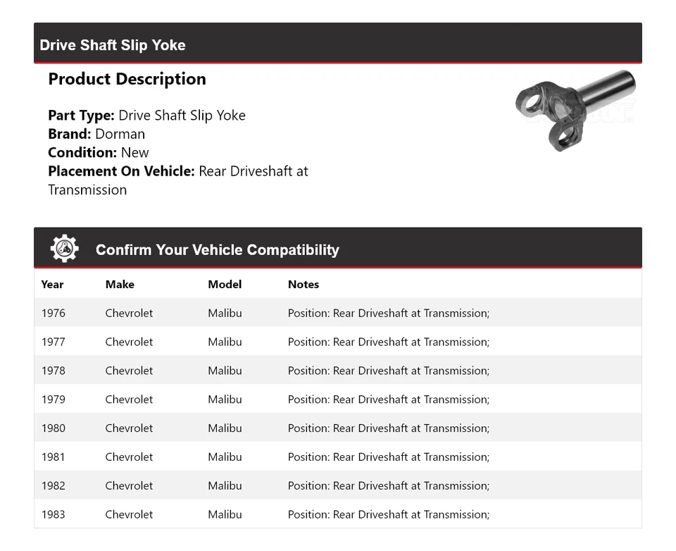 Yugo deslizante de eje de transmisión para Chevrolet Malibu Dorman 1976-1983 1977 1978 1979 1980 Foto 2 de 4
