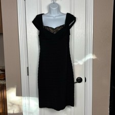 Adriana Papell Women's Shirred Cap Sleeve Midi Black Bodycon Size 8 Pre-Owned