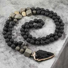 Black Obsidian Arrowhead Pendant lava Rock Pyrite Beads Meditation Necklace