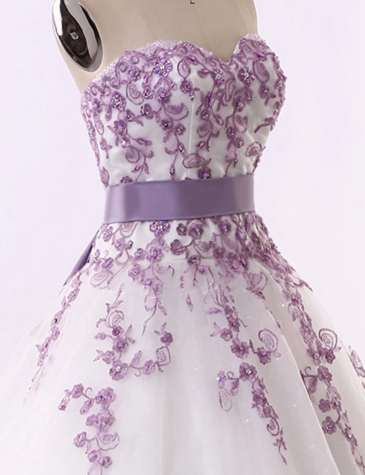 White Purple Florals Lace Wedding Dresses Strapless Lace Up Back Plus Size Gown - Image 4 of 4