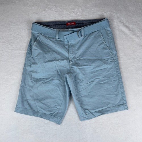 GUESS Chino Shorts Men's 34 Blue Abel Stretch Flat-Front Slip Pockets Belted