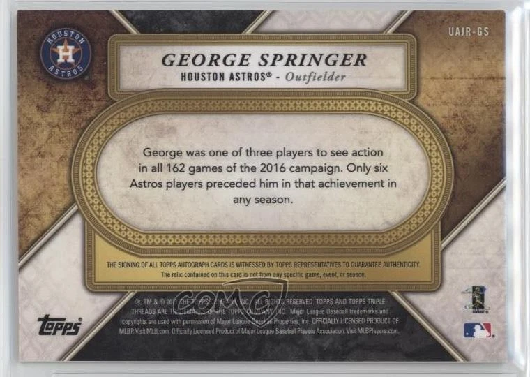 2017 Topps Triple Threads Unity Jumbo Relics Emerald /50 George Springer Auto - Image 2 of 2