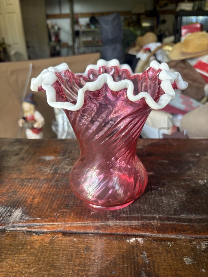 Fenton Cranberry Vintage Swirl Vase Ruby Snowflake White Edges 7" Glass Ruffle - Image 2 of 4