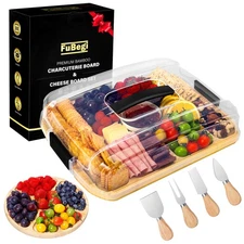 Portable Travel Charcuterie Board with Lid, Bamboo Charcuterie Cheese Board w...