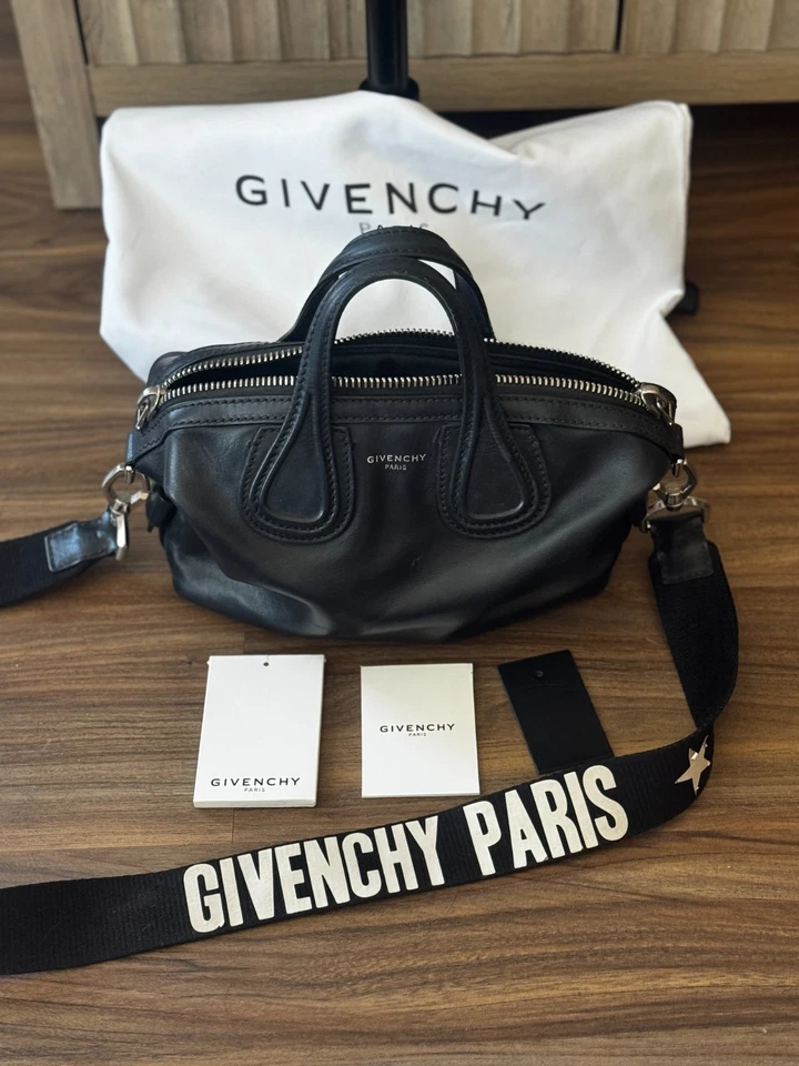 Mini bolso de mano ruiseñor de cuero negro Givenchy con etiquetas, correa con logotipo, bolsa antipolvo Foto 2 de 4