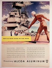 ALCOA ALUMINUM Vintage WWII Magazine Ad Aircraft Carrier Signalman 1940s Print