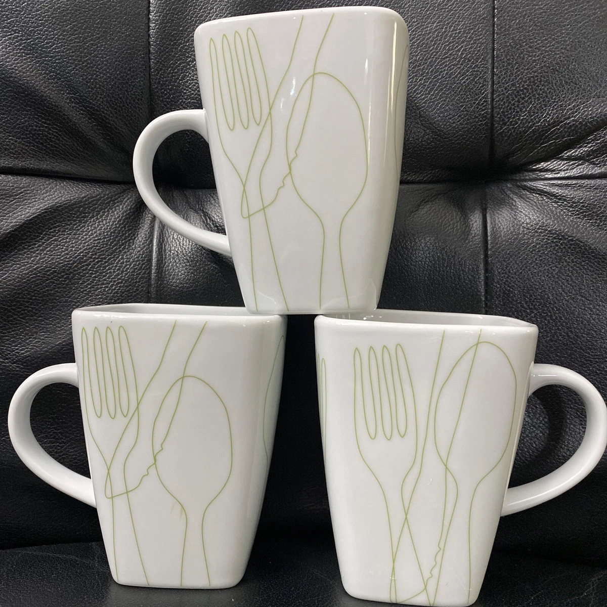 GREEN KITCHEN UTENSILS COFFEE TEA MUGS CUPS - FOOD NETWORK SQUARE MUGS -  SET 3