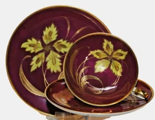 VINTAGE CROWN ALKA BAVARIA ROMANCE TRIO TEA CUP SAUCER DESSERT PLATE GOLD TRIM  