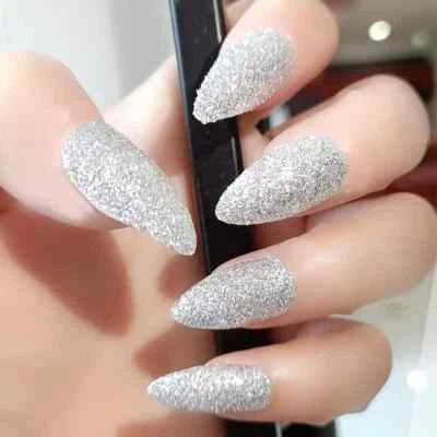 BEAUTIFUL NAIL False nails Long Almond Silver Glitter 24pk + nail tabs BN232