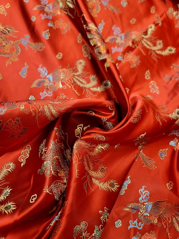 Tela tejida china satinada seda brocado color rojo POR YARDA dragón multicolor Foto 4 de 4