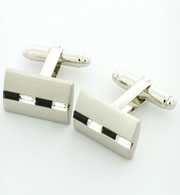 CROFT & BARROW Men's SILVER Tone CUFFLINKS Clear & BLACK Faux CRYSTALS Gift Box