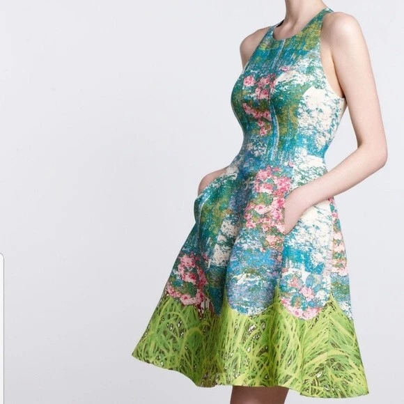 Tracy Reese Dress Size 12 Impressionist Monet Floral Fit Flare Silk Linen Lined - Image 2 of 4