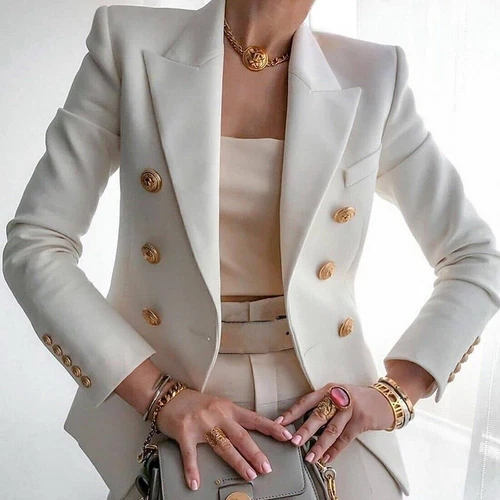 Zweireihiger Damen Blazer Mantel Langarm Revers formell schmale Jacke Oberbekleidung | - Bild 15 von 26