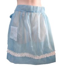 Vintage Sheer Blue Dotted Swiss Daisy Lace Trim Satin Pocket Vintage 60s Apron E