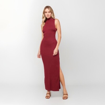 New - L Space Chandler Dress Cabernet Red Mock Neck Maxi Micro-Rib Size Medium