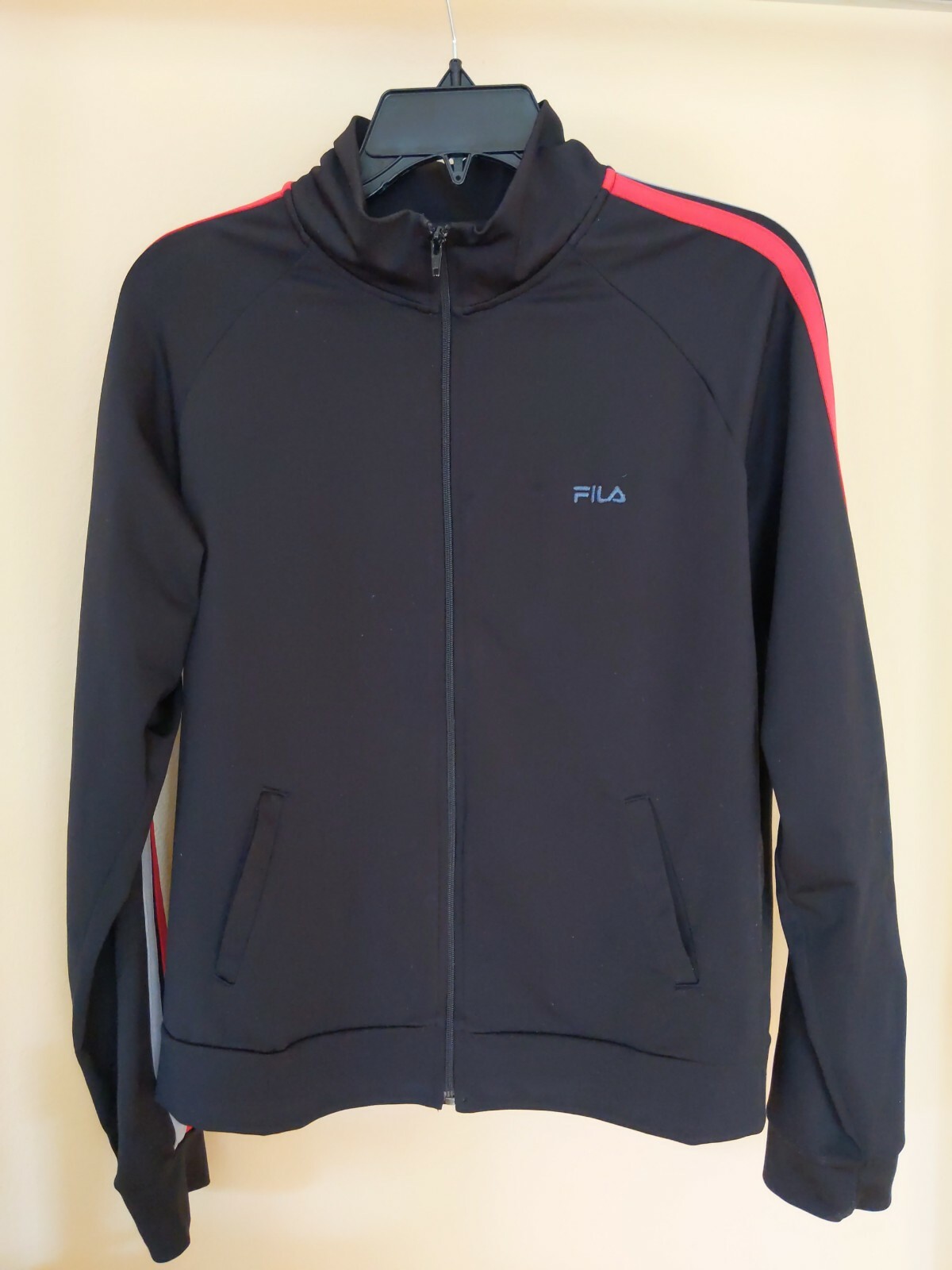 Giacca vintage Fila Track grande nera da corsa righe zip Activewear USA