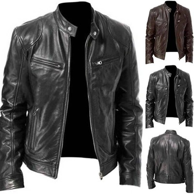 Herren Lederjacke Motorrad Bikerjacken Stehkragen Reißverschluss Outwear