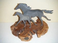 Vintage John Perry Horses Sculpture On Burl Wood Base