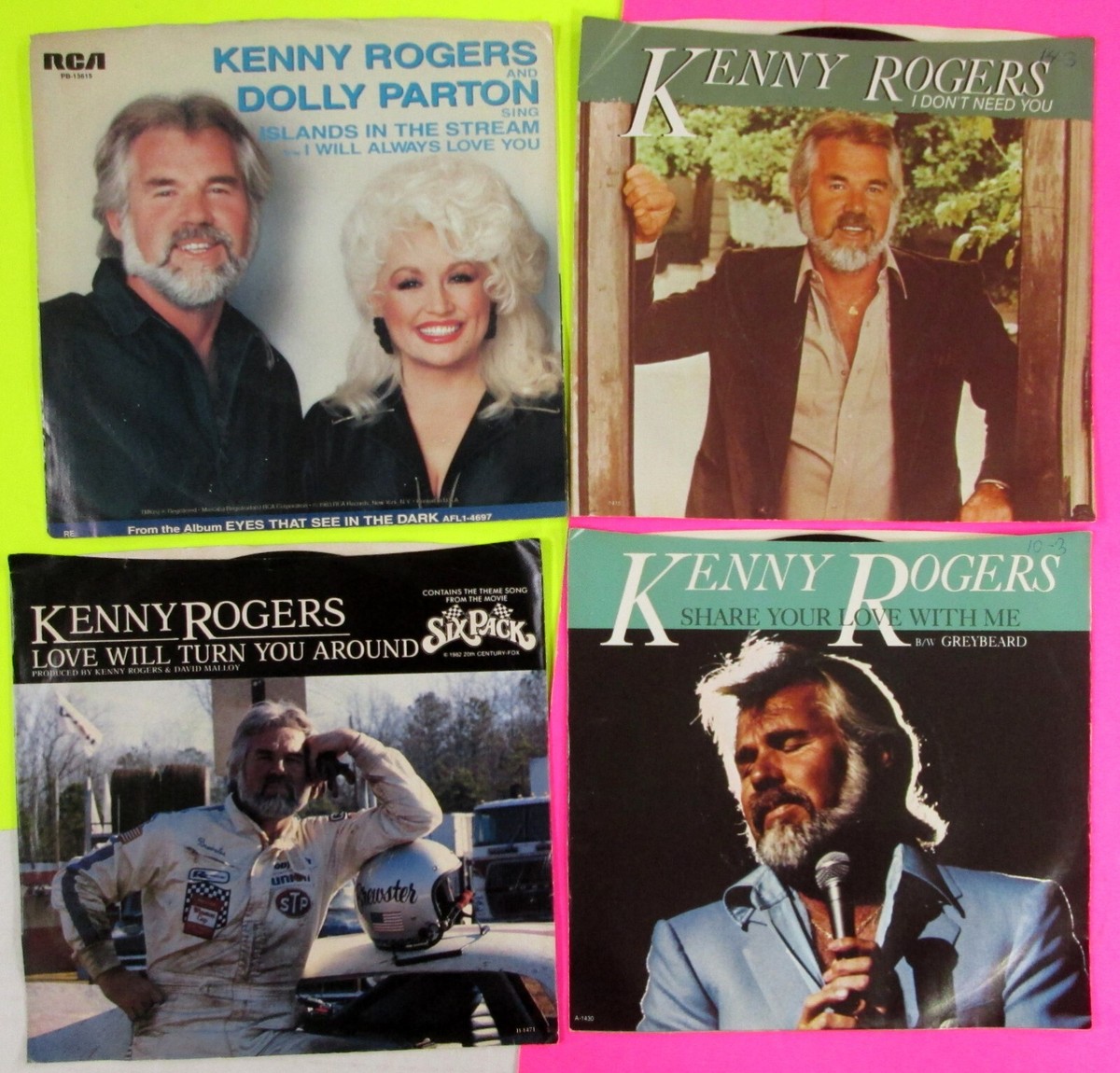 4X KENNY ROGERS Picture Sleeve 45 Lot: with Dolly Parton, Lionel