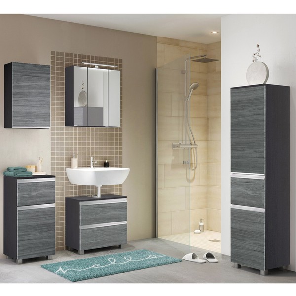 Badezimmer BadmöBel Set Eiche Grau Midischrank HäNgeschrank Unterschrank Spiegel-image
