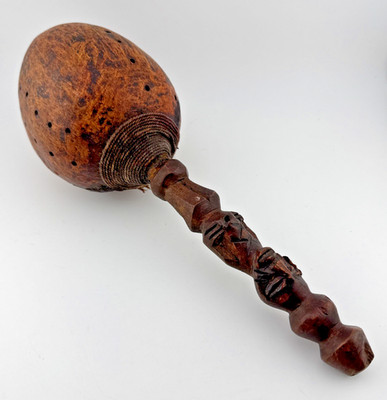 Vintage Maraca Rattle Hand Carved in Africa Tribal Figure Percussion Folk Art