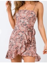 Princess Polly Edison Mini Dress Wrap Tie Floral Ruffle Dusty Pink 2 Sundress