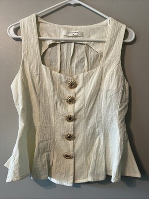 Women s Commense Ivory Gold Sun Buttons Sleeveless Blouse Tank Medium 100 Cotton