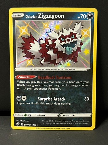 Galarian Zigzagoon SV078/SV122 Shining Fates Shiny Vault Pokemon Holo NM