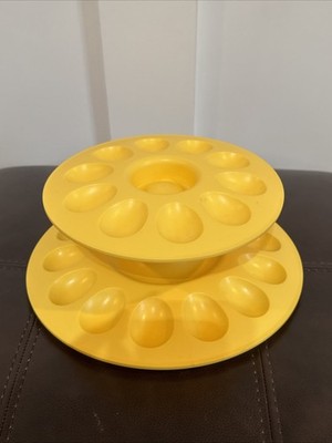Vintage Tupperware 2-Tier Deviled Egg Server Yellow Stackable Tray Holds 24 