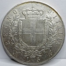 ITALIA Argento 5 Lire 1869 M BN Circa UNC Milano Re Vittorio Emanule Italia #A40