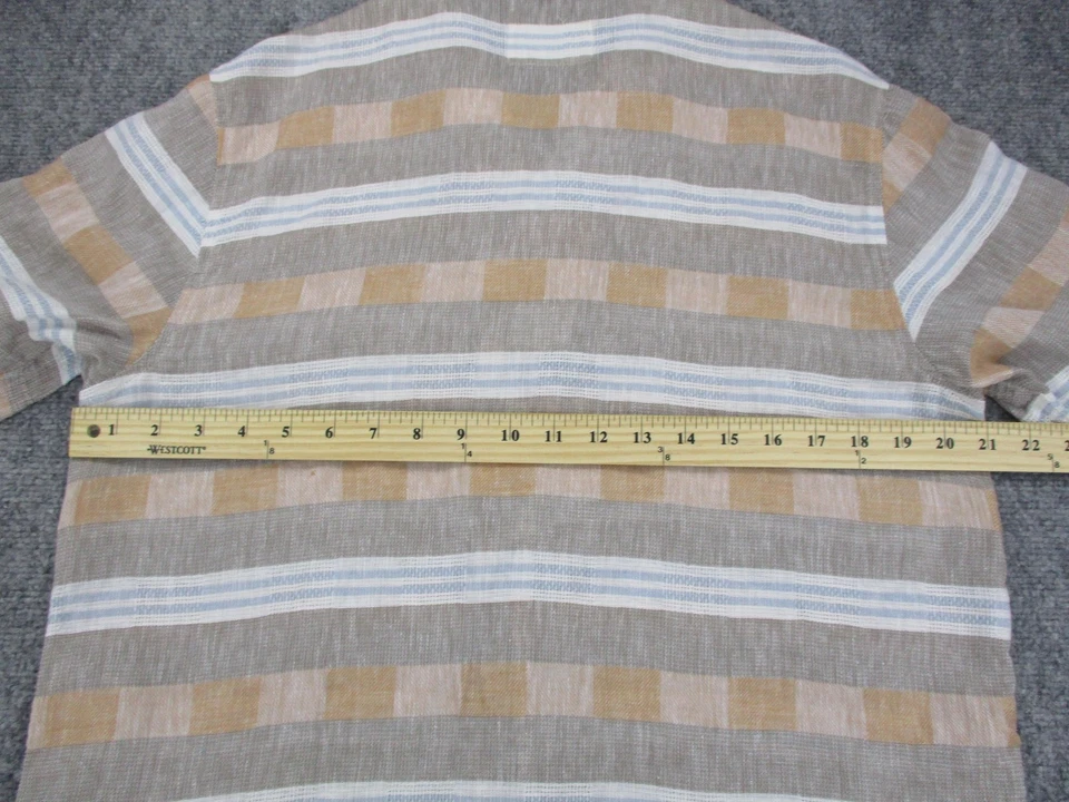 Folk Shirt Mens Small Tan Blue Striped Linen Cotton Short Sleeve Camp Collar - Image 4 of 4