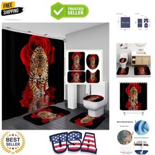 4PCS Red Rose and Leopard Shower Curtain Set with Rugs, Toilet Lid Cover and ...