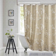 Extra Long Beige Gold Floral Shower Curtain 72x84 Inch Plant Fabric Decor