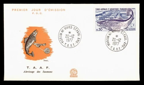 DR WHO 1977 FRENCH ANTARCTIC FSAT FDC SALMON FISH CACHET w29432