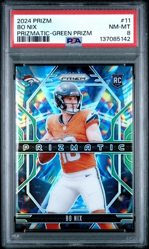 137085142 Bo Nix 2024 Panini Prizm #11 Green Prizmatic Rookie RC PSA 8