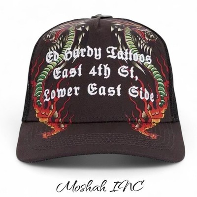 Ed Hardy Embroidered Cobra Flame Trucker Hat Black Snapback