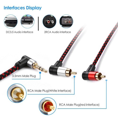 90 Degree 3.5mm Male To 2 Rca Male Cable Right Angle Stereo Audio Aux For Dj - Zdjęcie 9 z 13