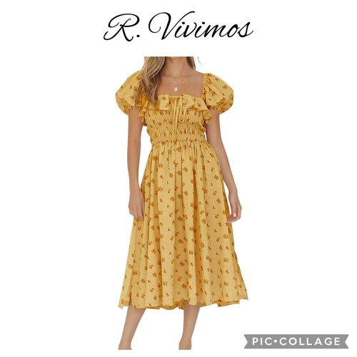 R. Vivimos Floral Print square neck Puff Sleeves Ruffles Midi Dress size M NWT