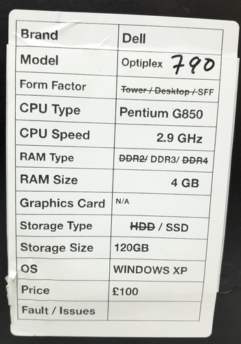 Dell OptiPlex 790 - SFF - Pentium G850 2.9GHz - 4GB Ram - 120GB SSD - Windows XP - Picture 3 of 5