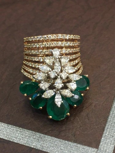 6,55 cts marquise pera taglio diamanti Anello cocktail smeraldo in 585 14K oro - Foto 6 di 12