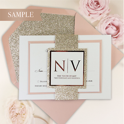Gold Glitter with Belly Band *SAMPLE ONLY* 3Tier Rose Gold Wedding Invitation