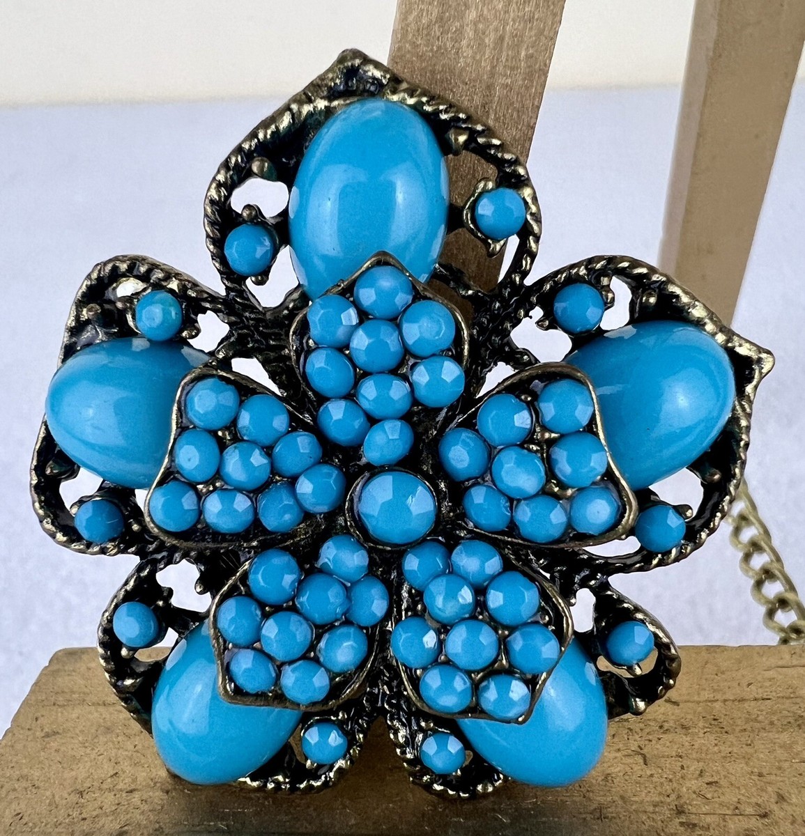 Vintage 1960's Enamel Metal Rhinestone Turquoise Large Flower