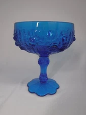 Vtg Blue Glass Cabbage Rose Footed Bowl Compote Candy No Lid Unmarked Fenton?
