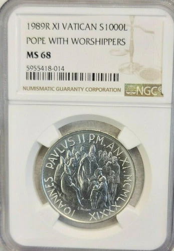 1989 VATICAN SILVER 1000 LIRE POPE WITH WORSHIPPERS NGC MS 68 SCARCE HIGH GRADE