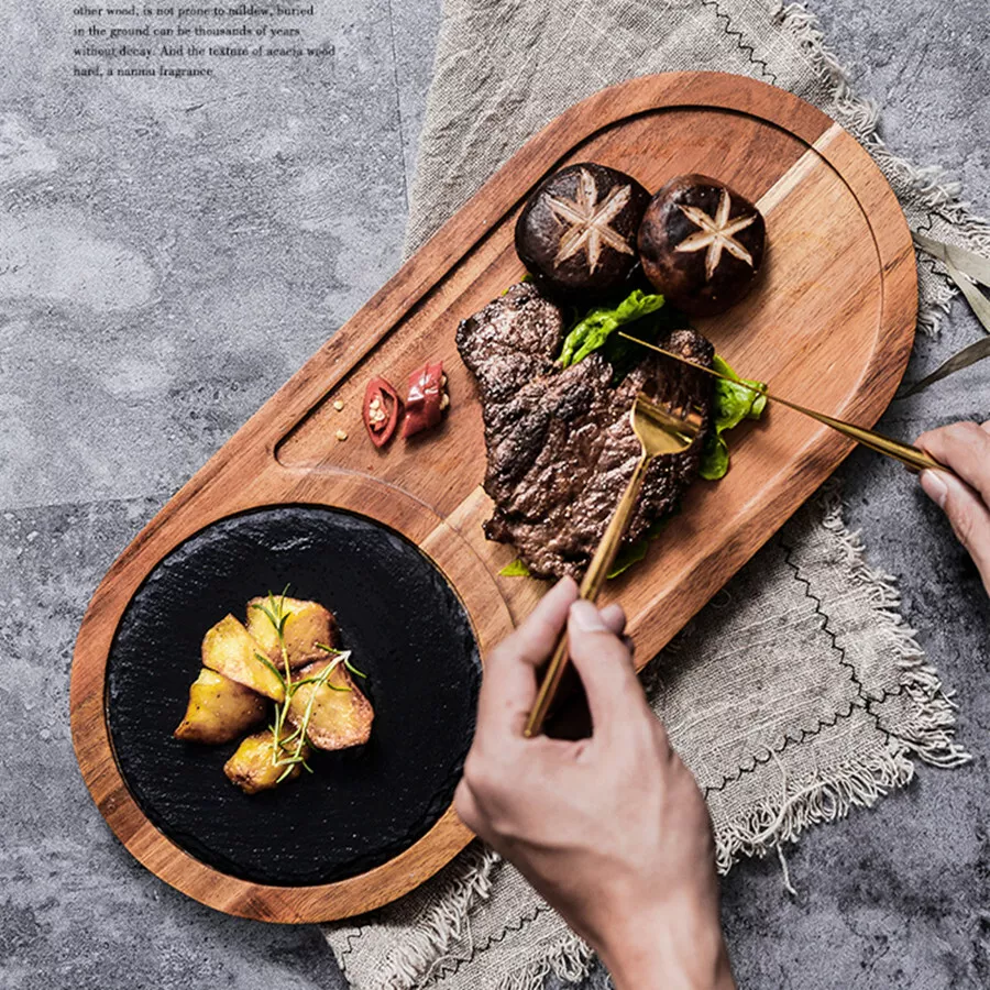 Luxury Natural Acacia Wooden Stone Plate Serving Dish Tray Food Steak Plates