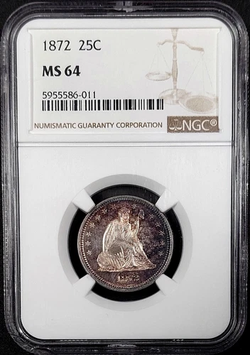 1872 Seated Liberty Quarter certified MS 64 by NGC! A toned beauty!