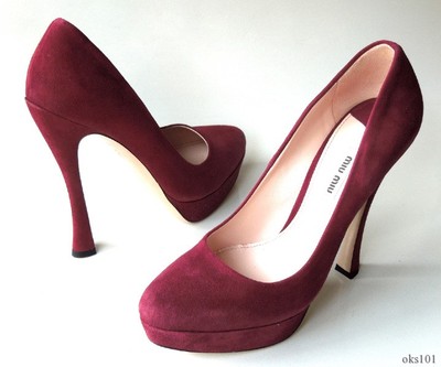 prada miu miu shoes PRADA MIU MIU burgundy red suede platforms curved heel shoes super sexy NIB  $645