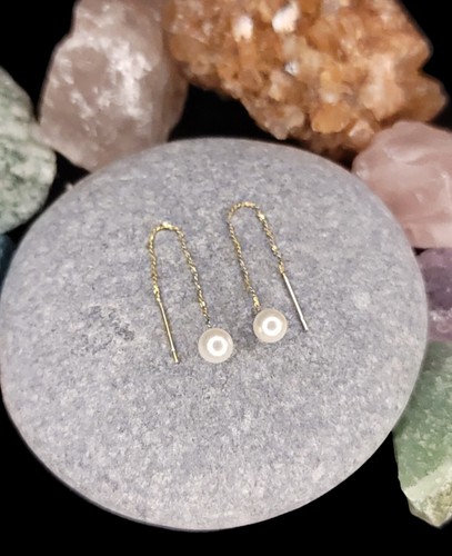 Handcrafted 14K Yellow Gold 5.15mm Natural Pearl Theader Earrings. - Picture 5 of 6