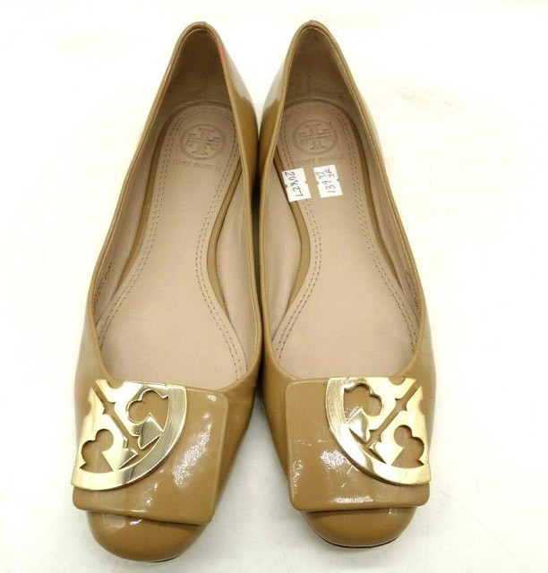 Tory Burch Logo Brown Patent Leather Slip On Flats Shoes Women's 7.5 M