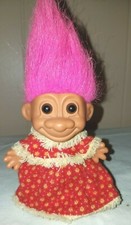 Russ 5" Troll Doll Pink Hair Red Trimmed in White Dress Brown Eyes